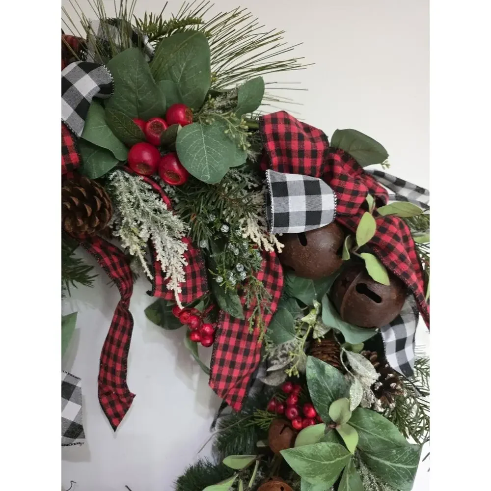 Handmade Buffalo Plaid Farmhouse Christmas Wreath Bells Berries Pinecones